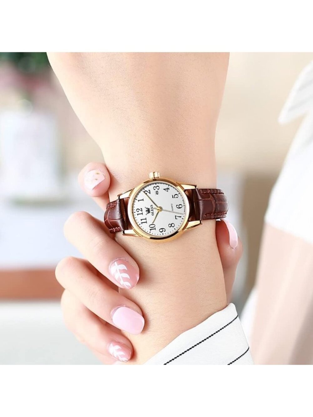 Olevs Women's White Brown Leather Analog Waterproof Reloj Mujer Luxury Watch - Picture 2 of 6